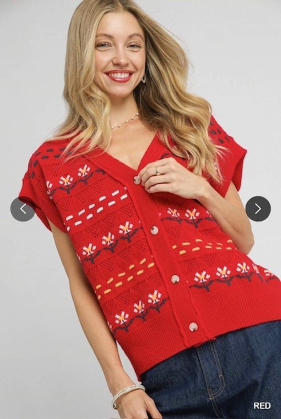 Umgee - Button Down Knit Vest with Floral Pattern - Small